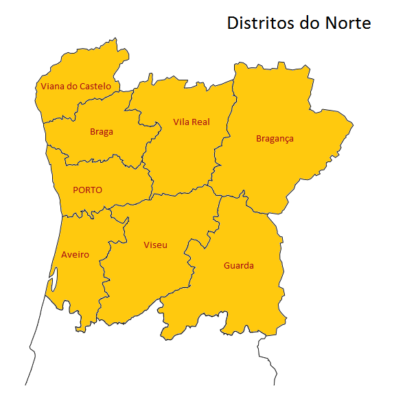 Mapa dos distritos do Norte de Portugal