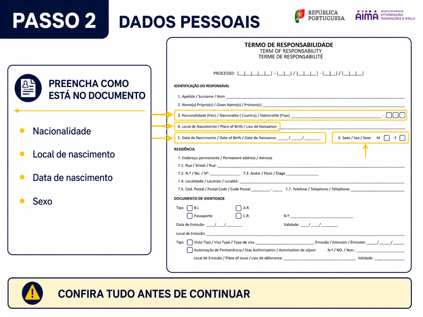 Campo de nacionalidade no Termo de Responsabilidade