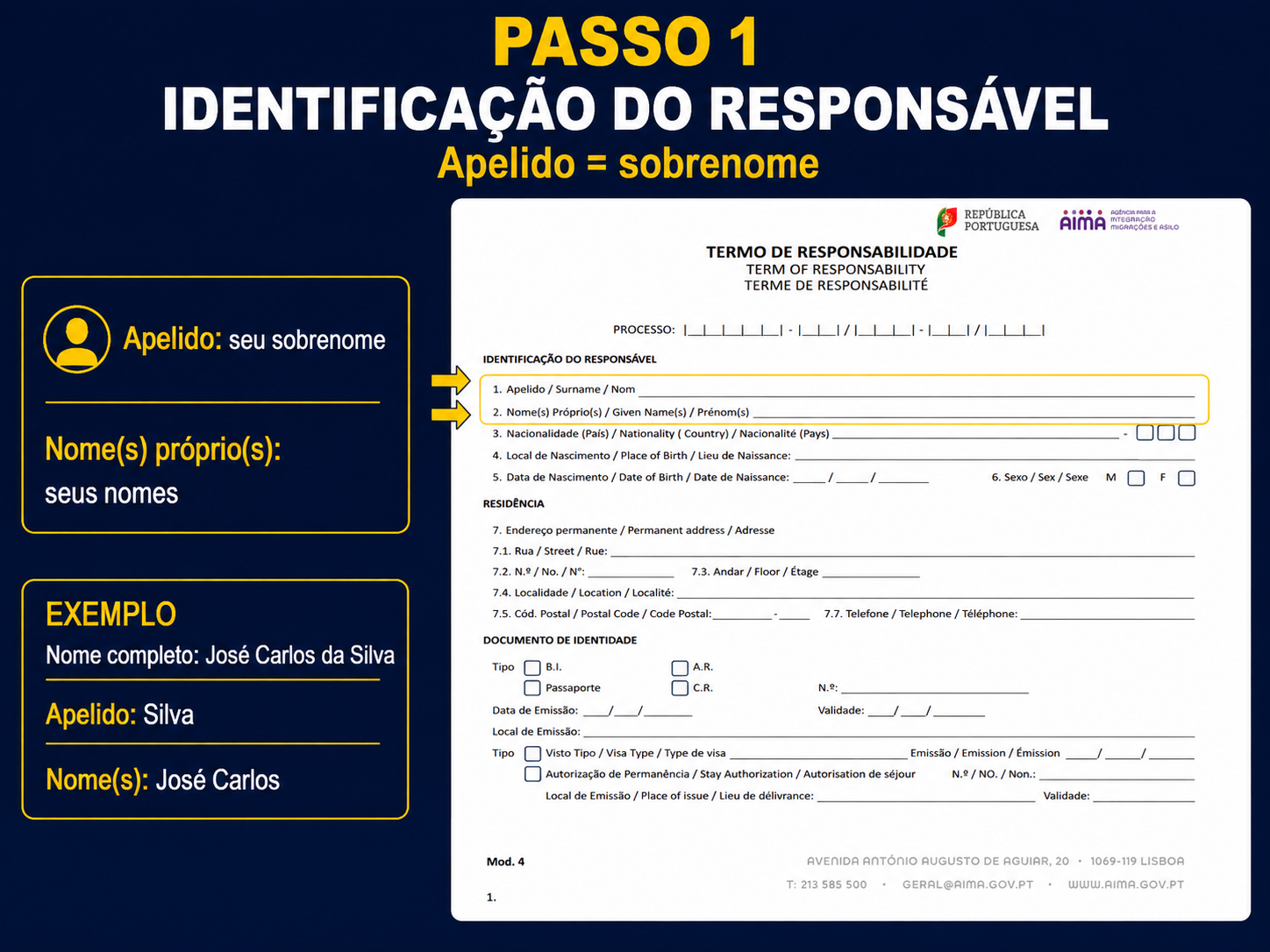 Exemplo da área destinada à identificação do responsável no Modelo 4